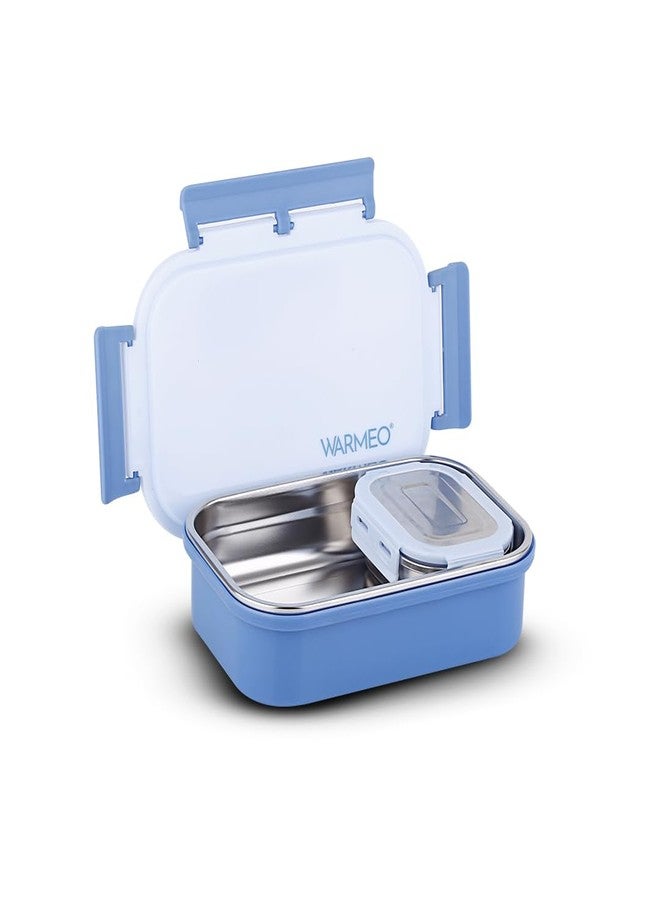 WARMEO علبة طعام وارميو أروما المصنوعة من الفولاذ المقاوم للصدأ والمعزولة حراريًا، محكمة الإغلاق، مانعة للتسرب، مزودة بغطاء بمشبك قفل، خفيفة الوزن، سهلة التنظيف، مثالية للمكتب والمدرسة والنزهات والسفر، عبوة مزدوجة (800 مل + 150 مل)، لون أزرق - Image 1